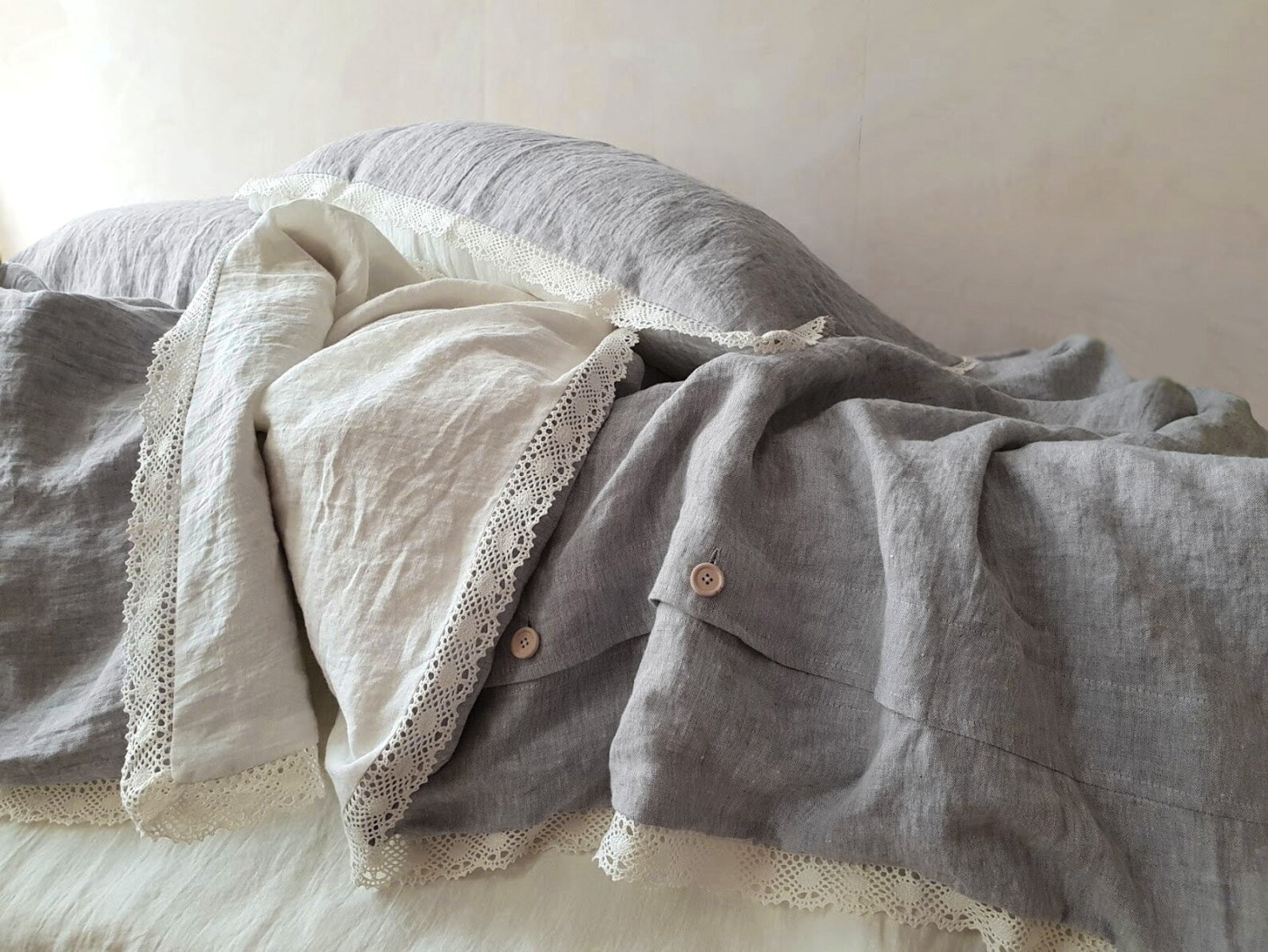 Lace DUVET COVER in Melange Grey and Off-white Softened Linen - Etsy