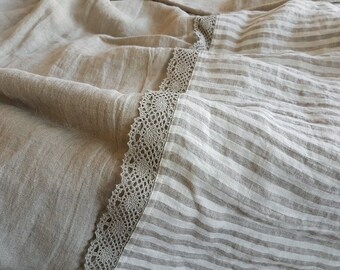 Linen lace DUVET COVER - natural flax and striped stonewashed linen Doona cover, linen quilt cover - Twin Queen Cal King linen bedding
