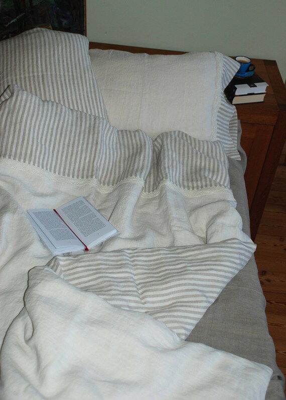 Lace Linen Duvet Cover Off White Striped Linen Quilt Cover Etsy
