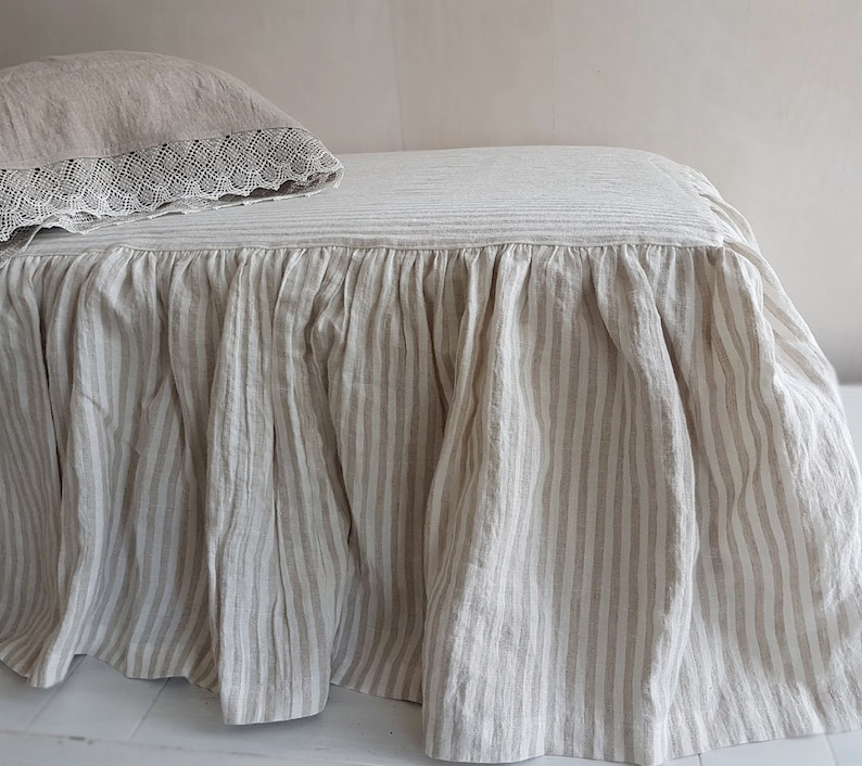 Striped ruffle BEDSKIRT stonewashed linen dust ruffle | Etsy