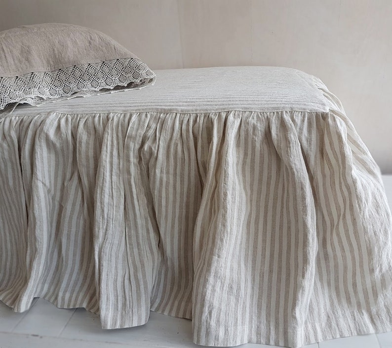Striped ruffle BEDSKIRT stonewashed linen dust ruffle Etsy