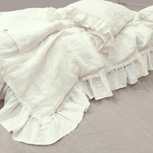 Linen DUVET SET - Ruffle Lace Bedding Set in Shades of White Softened Linen - Shabby Chic Bedding in Twin Queen Cal King Custom Sizes