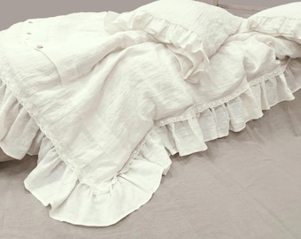 Linen DUVET SET - Ruffle Lace Bedding Set in Shades of White Softened Linen - Shabby Chic Bedding in Twin Queen Cal King Custom Sizes