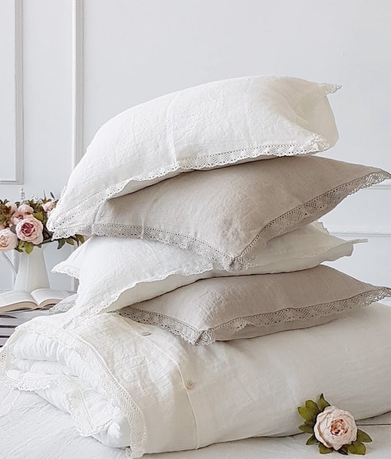 Linen lace pillowcase in natural flax Lace trimmed linen pillowcase