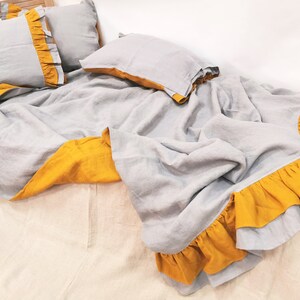 Linen DUVET SET with double ruffles at the bottom, bedding set in gray and mustard yellow softened linen - Queen King chic bedding