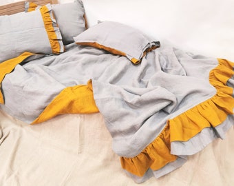 Linen DUVET SET with double ruffles at the bottom, bedding set in gray and mustard yellow softened linen - Queen King chic bedding