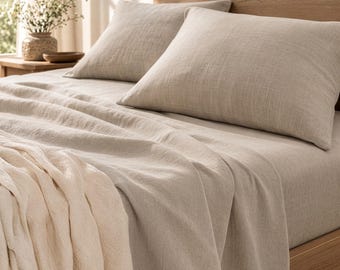 Stonewashed Linen Sheet Set, Natural Beige Linen Bedding, European Flax Sheets, Deep Pocket Fitted Sheet