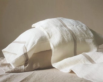 Linen SHEET SET in off-white with contrasting flax linen trim - softened linen top sheet, fitted sheet, 2 pillowcases - luxury linen bedding