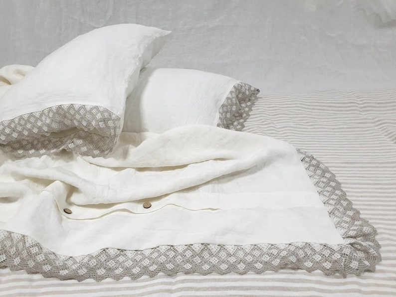 Lace linen DUVET COVER farmhouse chic in natural flax or off-white linen softened linen doona cover, comforter cover linen bedding image 10