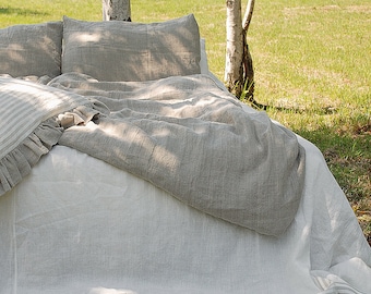 Natural flax linen BEDDING SET - pure softened linen duvet cover, pillowcases - Doona cover set - Queen Cal King size farmhouse style linen