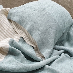Linen DUVET COVER from melange bluish green and natural striped softened linen - Twin Queen Cal King linen bedding