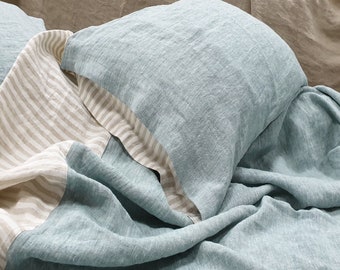 Linen DUVET COVER from melange bluish green and natural striped softened linen - Twin Queen Cal King linen bedding