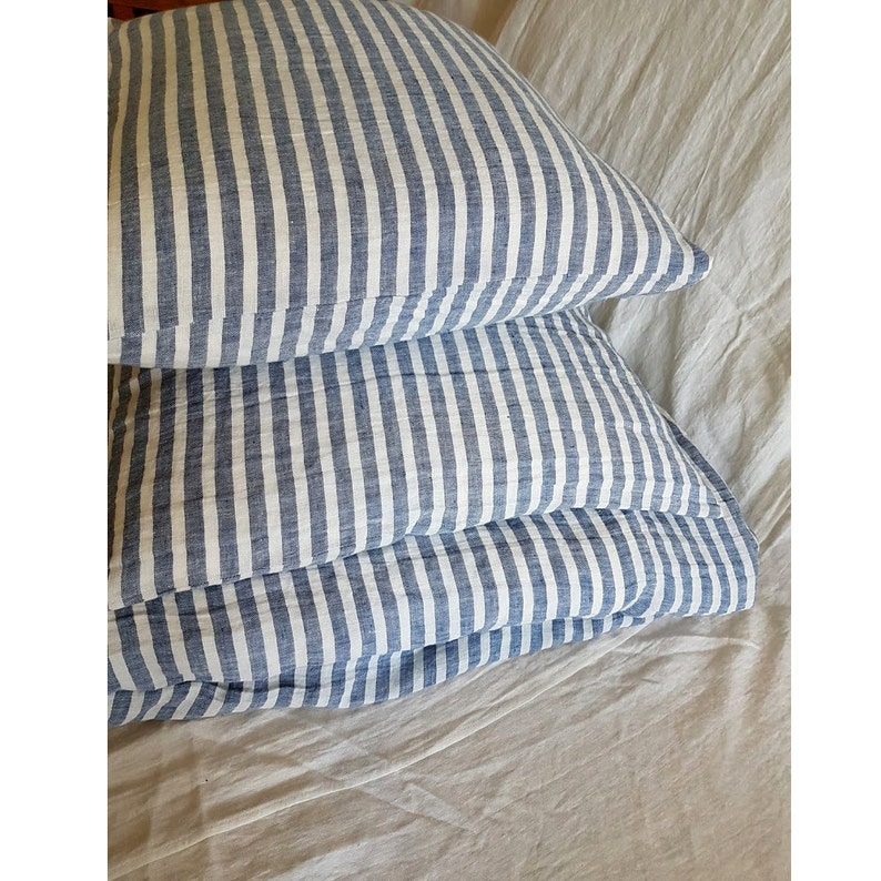 Linen pillowcase housewife pillowcase, blue striped washed linen standard, euro, Queen, King, body pillow case, linen bedding image 2