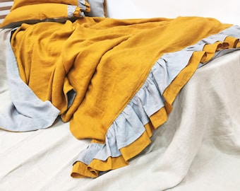 Linen DUVET SET with double ruffles at the bottom, bedding set in mustard yellow  and gray softened linen - Queen King chic bedding