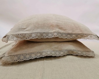 Linen lace Pillowcase in Natural Flax. Stonewashed Pure Linen Pillow Sham. Size US STANDARD  or 51x66cm
