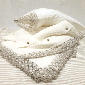 Linen LACE DUVET SET farmhouse chic in off-white softened linen - lace comforter set - Twin Queen Cal King luxury bedding