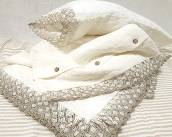 Linen LACE DUVET SET farmhouse chic in off-white softened linen - lace comforter set - Twin Queen Cal King luxury bedding