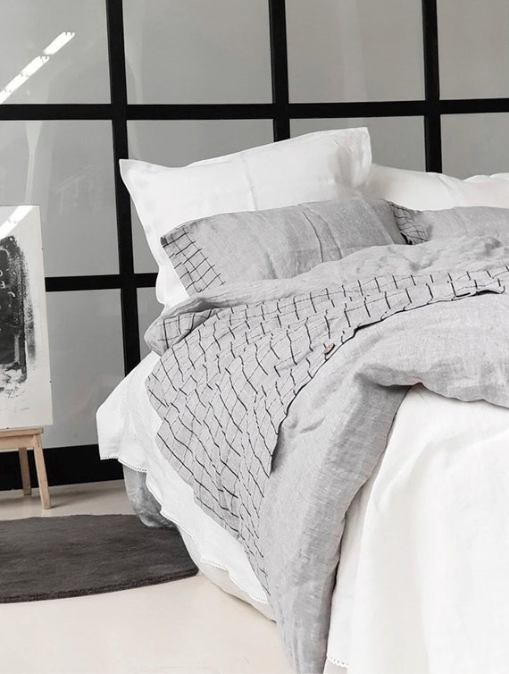 Linen Duvet Cover From Light Gray And Black Grid Melange Etsy