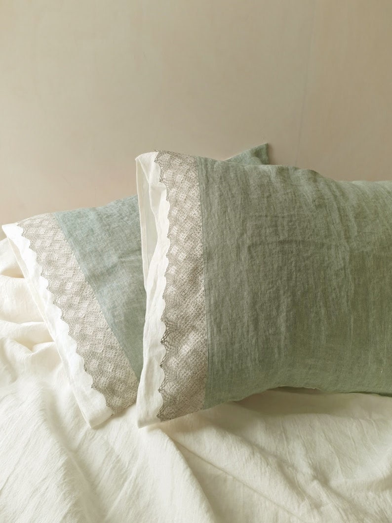 Lace Linen PILLOWCASE From Softened Offwhite and Bluish Green Etsy