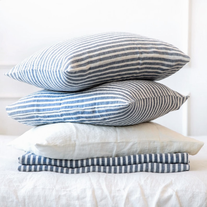 Linen pillowcase housewife pillowcase, blue striped washed linen standard, euro, Queen, King, body pillow case, linen bedding image 1