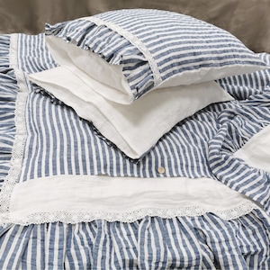 Ruffle Lace Linen Duvet Cover: Nautical Striped Farmhouse Bedding