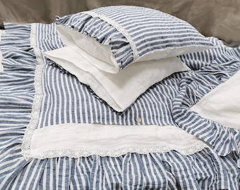 Linen DUVET COVER - ruffle lace duvet cover in nautical and off-white softened linen - farmhouse bedding in Twin Queen Cal King custom sizes