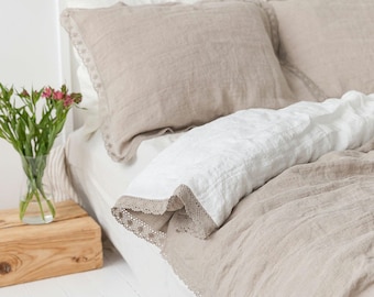 Linen Lace Trimmed Duvet Set. Two Sided Natural Flax, Off White Softened Bed Linen. US QUEEN with Two Standard Pillowcases. 229x224cm Size