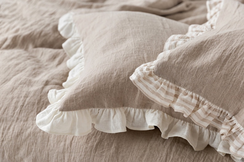 Natural Linen PILLOW CASE with Small Striped Ruffles Farmhouse Chic Soft Pure Linen Sham Home Decor Cozy Gift Shabby Vintage Cover image 1