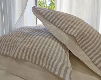 Linen REVERSIBLE PILLOWCASE in Softened Off-White and Natural Striped Linen. Pure Linen Pillow Sham, Pillow Cover. Queen King Custom Sizes