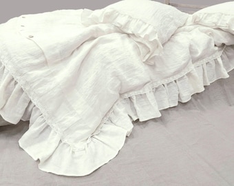 Linen DUVET SET - Ruffle Lace Bedding Set in Off-white Softened Linen - Shabby Chic Bedding in Twin Queen Cal King Custom Sizes