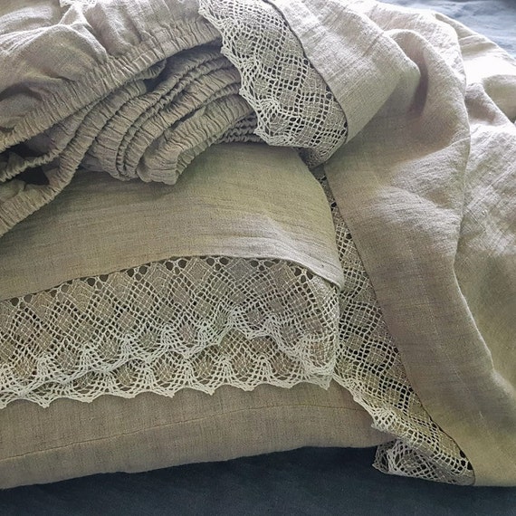 Lace Linen SHEET SET From Washed Natural Flax Beige Linen Linen Flat Sheet Fitted Sheet 2 Pillowcases Lace Trimmed Linen Bedding Etsy