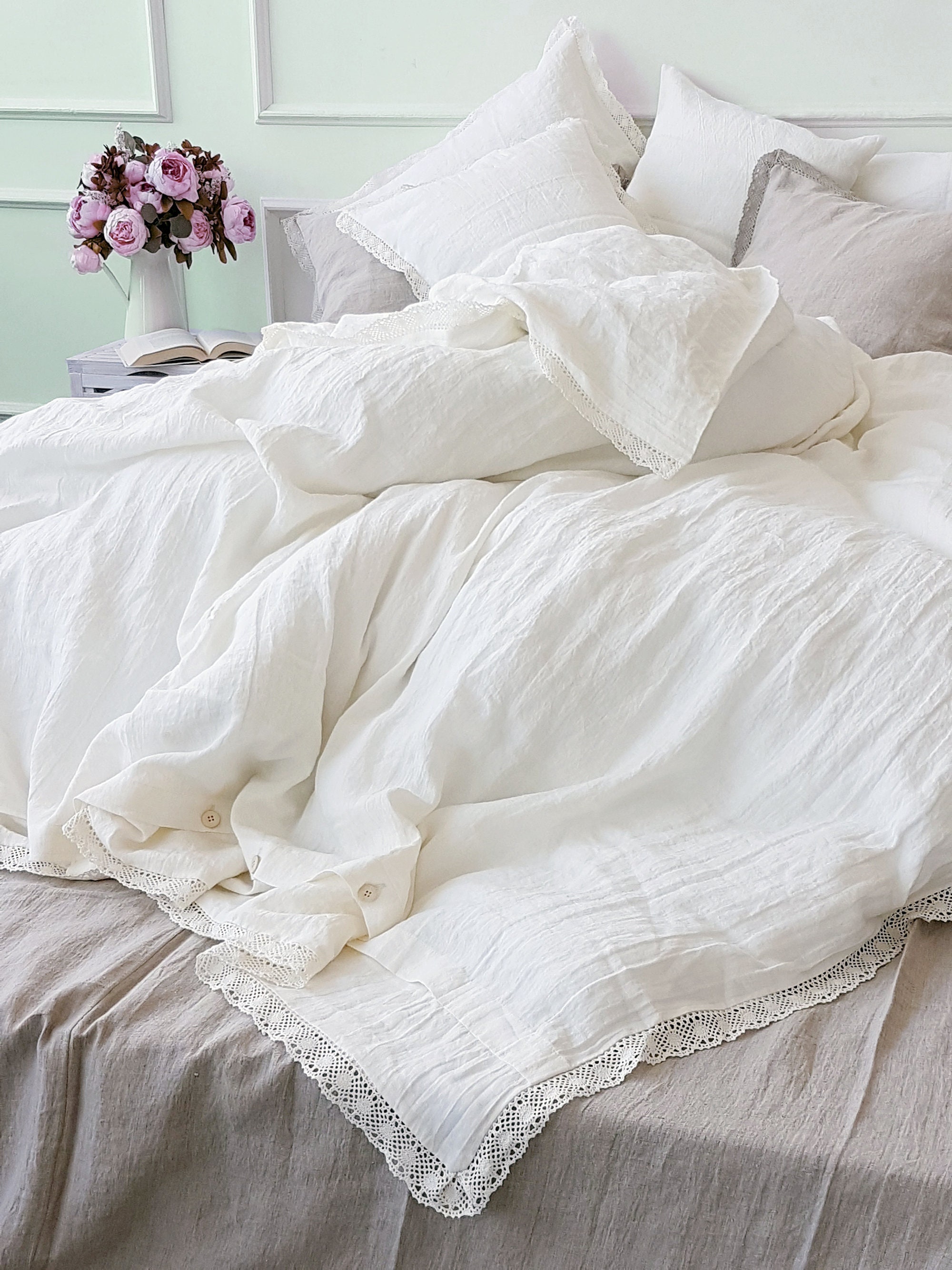 White Lace Bedding Sets Korean Bedding Set Luxury Lace Ruffle Duvet Cover  Bedding Set Beautiful Romantic Bedding Set,5Pcs