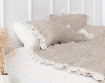Softened Linen Duvet Set with Striped Ruffles. Natural Flax Bedding. Farmhouse Chic Bed Linen. US QUEEN with Standard Pillowcases. 229x224cm