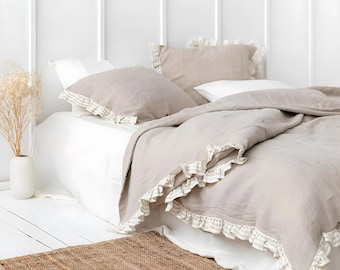 Softened Linen Duvet Set with Striped Ruffles. Natural Flax Bedding. Farmhouse Chic Bed Linen. US QUEEN with Standard Pillowcases. 229x224cm