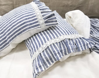 Linen PILLOWCASE in nautical and off-white softened linen - ruffle lace pillow cover - standard Queen King body pillow covers, custom sizes