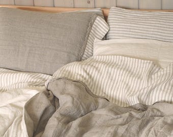Lace BEDDING SET - washed linen duvet cover and 2 pillowcases - lace duvet set, lace linen shams - Twin Queen King natural linen bedding