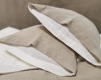 Reversible linen pillowcase in softened natural flax and off-white linen - washed linen pillow sham, pillow cover - Queen King custom sizes