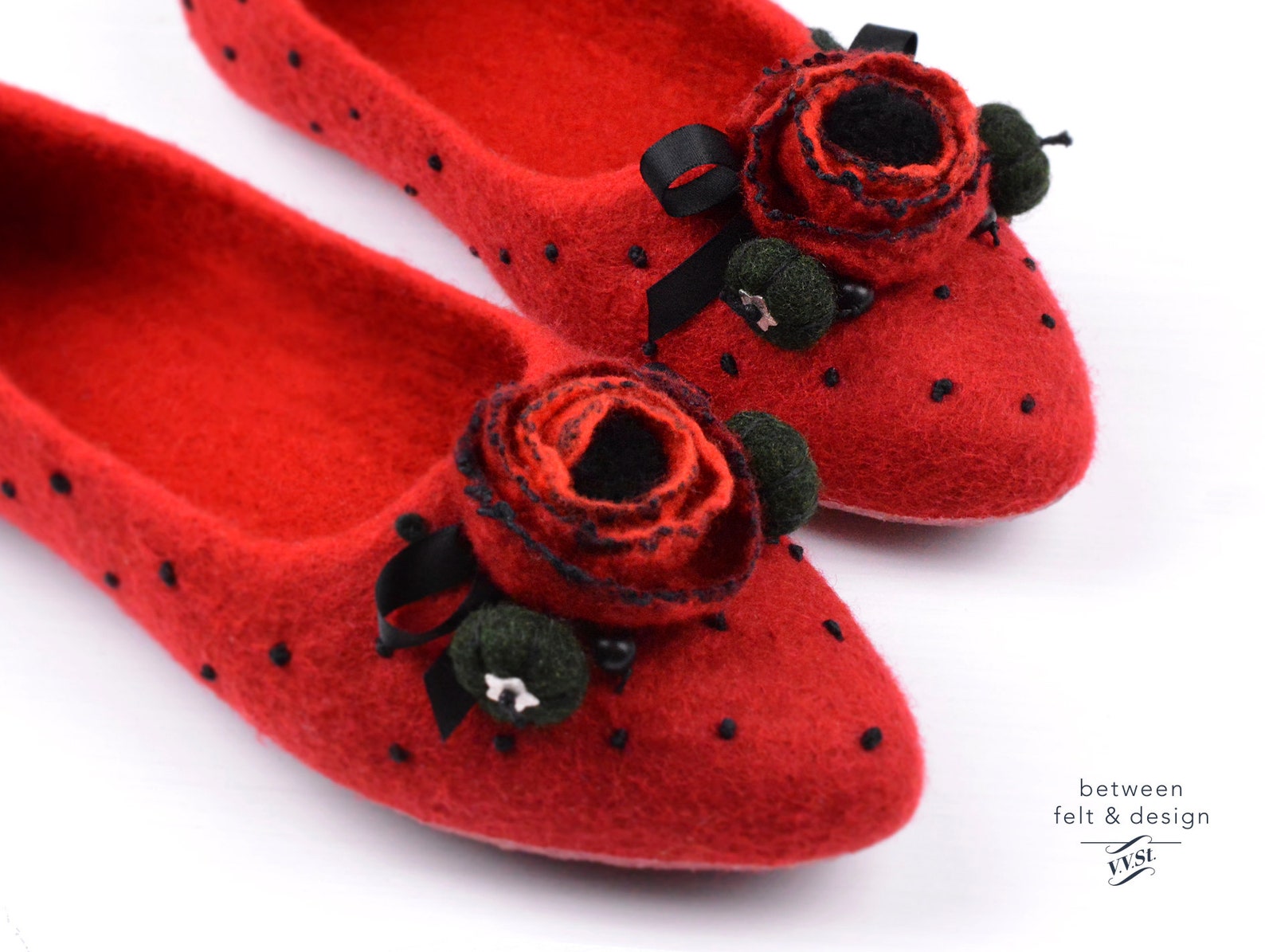 felted slippers pointy flats felted ballet flats red poppy bridesmaid gift stylish slippers for-girlfriend clogs home woman shoe