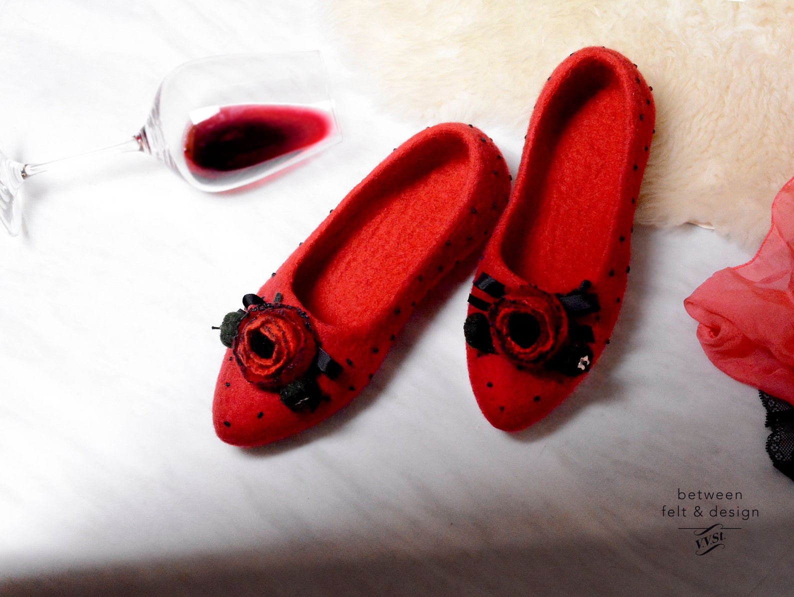 felted slippers pointy flats felted ballet flats red poppy bridesmaid gift stylish slippers for-girlfriend clogs home woman shoe