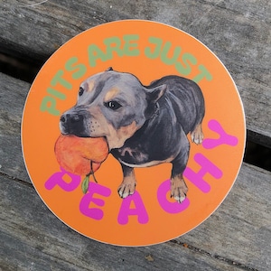 Op de afbeelding: Ronde oranje sticker met een hond die een perzik in zijn bek heeft. De hond is grijs en bruin. De tekst "PITS ARE JUST PEACHY" staat in groen en roze.