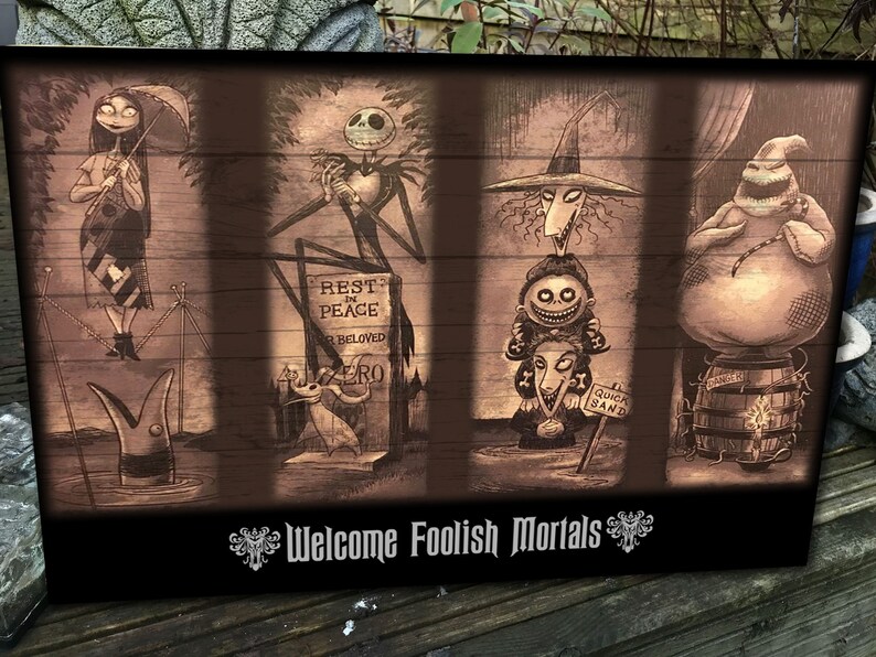 Vintage and Retro Disney Wood Art Haunted Mansion Stretching Portraits Jack Skellington Sally Disneyland Art