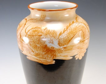 Large Kaiser Porcelain Vase "Running Dragons"  Hand Painted Rare German Art Pottery Vase