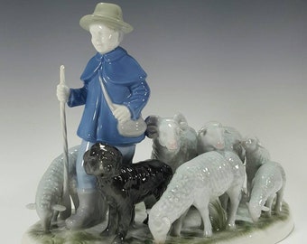 Gerold Porcelain Figurine Sheep and Shepherd with Black Dog #7023, Made in Bavaria West Germany, Hand Painted Large Vintage Figurine 11" L