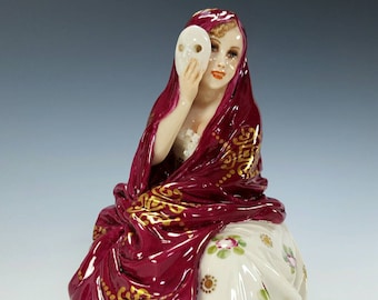 Luigi Fabris Capodimonte Porcelain Figurine Woman with Mask & Chartreuse Cape, Hand Painted w/ Gold Gilt Trim, Issued 20th c. Made in Italy