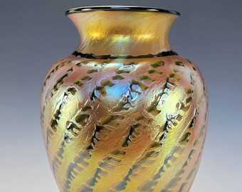 Lundberg Studios "Indian Basket" Hand Blown Iridescent Gold and Green Striped Textured Art Glass Vase ca. 1997