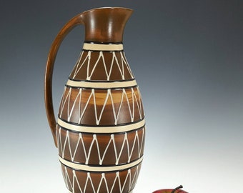 Keto Keramik West German Pottery Zigzag Pitcher Vase, Mid Century Modern 12" H Handled Vase, Ceramic Brown and White Fat Lava Vase