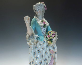 18th C Limbach Porcelain Woman Figurine Spring Allegory, Hand Painted German Porcelain, Signed Gotthelf Greiner c. 1772