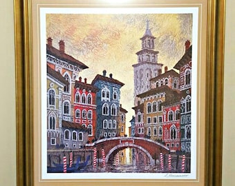 ANATOLE KRASNYANSKY (b. 1930) "Venice Yellow Sunset" Signed Lithograph Print, Colorful Sunset Painting, Oversized Framed Art, Listed Artist