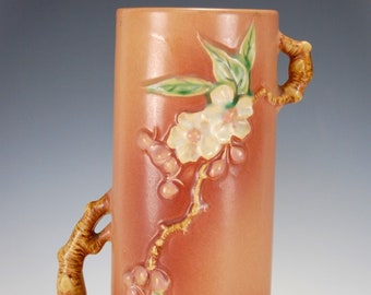 Roseville 387 Apple Blossom Vase 9 Inches Tall with 2 Tree Branch Handles