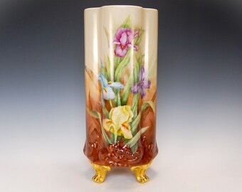 Limoges Porcelain Hand Painted Purple Iris Floral Vase, Footed base, Made in France